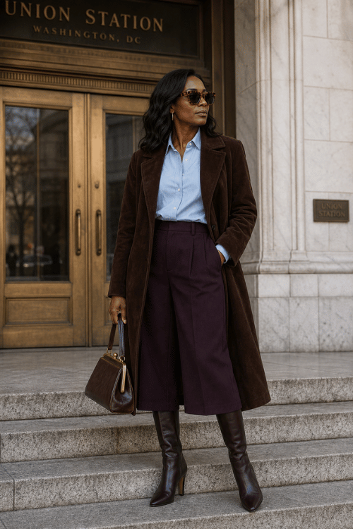 Woman wearing a brown coat with a blue button-up shirt and plum culotte trousers.