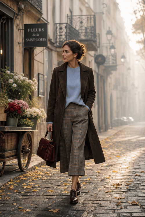 Woman wearing a brown coat with a light blue sweater and plaid culottes.