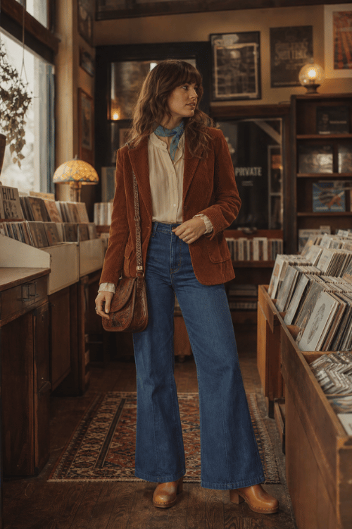 Woman wearing a brown corduroy blazer with wide-leg jeans and ankle boots.