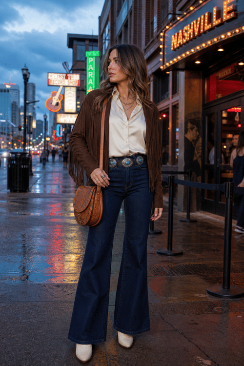 Woman wearing a brown fringe jacket, white blouse, flare jeans, and white cowboy boots on Broadway in Nashville.