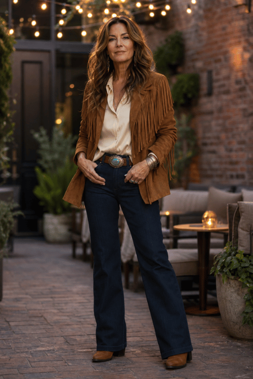 Woman wearing a brown fringe suede jacket, cream blouse, dark flare jeans, and brown ankle boots on a patio.