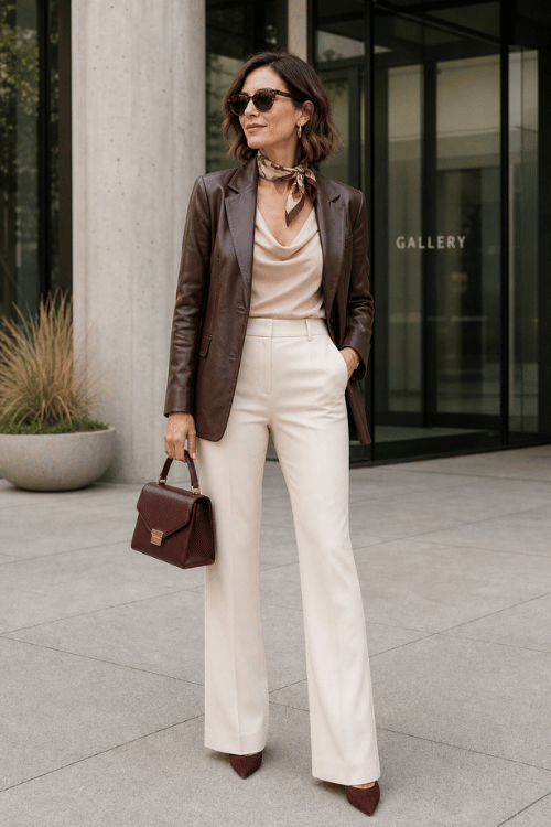 Woman wearing a brown leather blazer with cream wide-leg trousers and pointed heels.