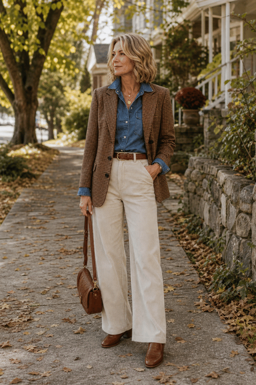 Woman wearing a brown plaid blazer with a denim shirt and cream wide leg trousers.