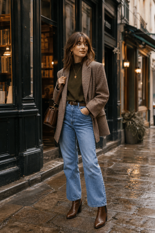 Woman wearing a brown plaid blazer with light wash jeans and brown ankle boots.