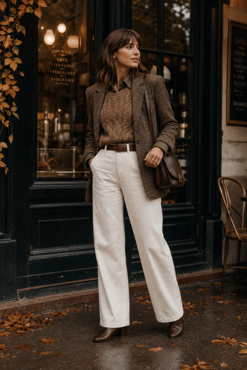 Woman wearing a brown plaid blazer with white wide leg jeans and brown ankle boots.
