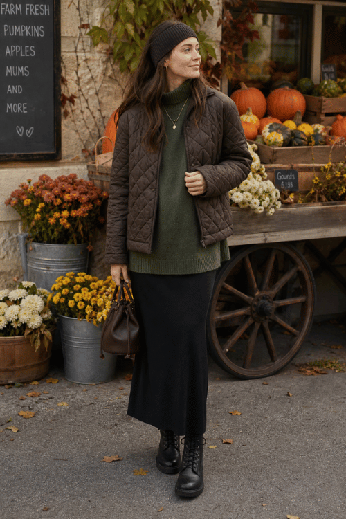 Woman wearing a brown quilted jacket over an olive turtleneck sweater with a black knit midi skirt, black lace-up boots, and a brown bucket bag.