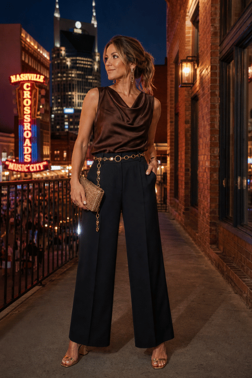 Woman wearing a brown satin cowl neck top, black wide-leg trousers, and gold heels on Broadway in Nashville at night.