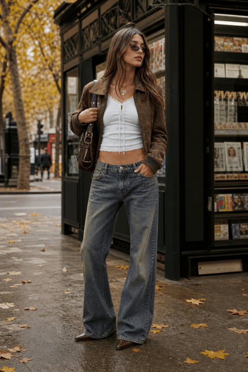 Woman wearing a brown suede jacket over a white cropped top with light blue wide-leg jeans, pointed-toe boots, and a brown shoulder bag.