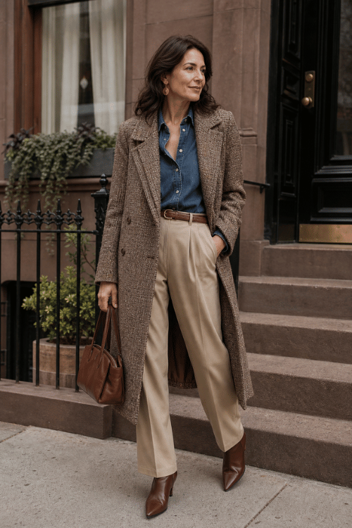 Woman wearing a brown tweed coat with a denim shirt, beige trousers, and brown ankle boots.