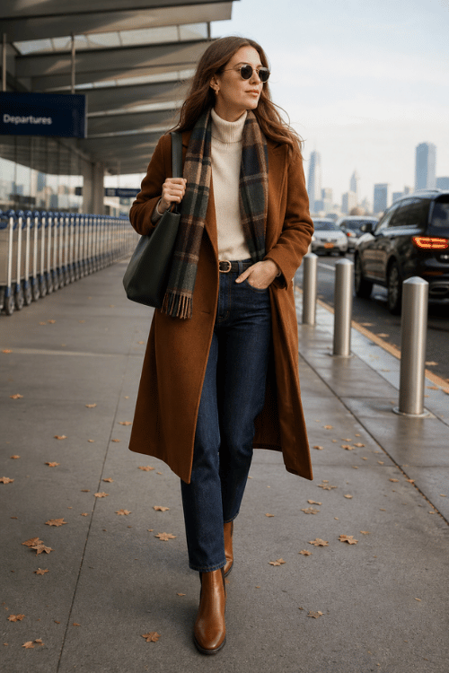 Woman wearing a brown wool coat over a cream turtleneck with dark blue jeans, brown ankle boots, and a plaid scarf.