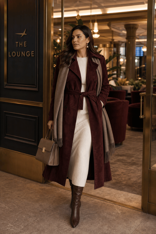 Woman wearing a burgundy belted coat over a cream ribbed sweater dress with brown knee-high boots, a taupe scarf, and a structured handbag.