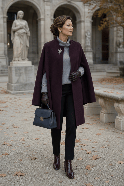 Woman wearing a burgundy cape coat with a gray turtleneck, black trousers, and burgundy ankle boots.
