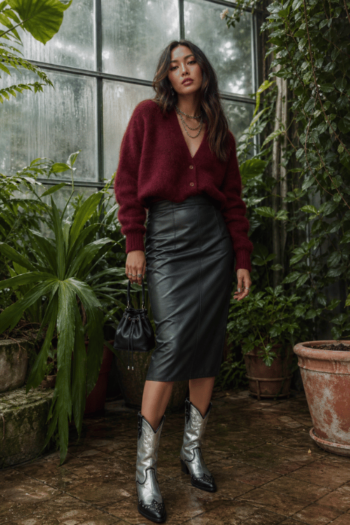 Woman wearing a burgundy cardigan with a black leather midi skirt and silver cowboy boots.