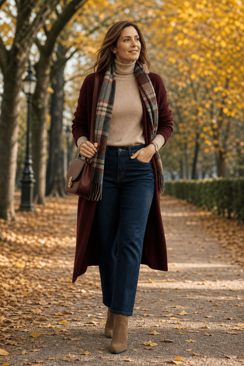 Woman wearing a burgundy long cardigan over a beige turtleneck with dark blue straight-leg jeans, taupe ankle boots, and a plaid scarf.