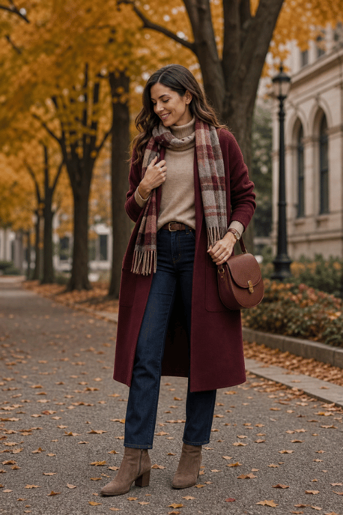 Woman wearing a burgundy long coat over a beige turtleneck with dark blue jeans, taupe ankle boots, and a plaid scarf.