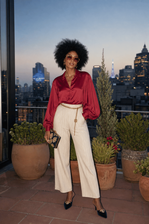 Woman wearing a burgundy satin blouse with white wide-leg trousers and black pointed flats.