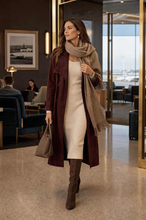 Woman wearing a burgundy trench coat over a cream knit dress with brown knee-high boots, a taupe scarf, and a taupe handbag.