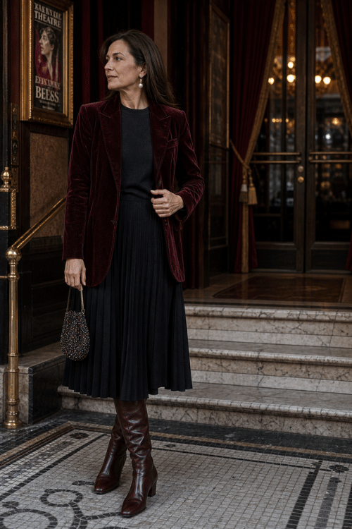 Woman wearing a burgundy velvet blazer with a black pleated midi dress and knee-high boots.