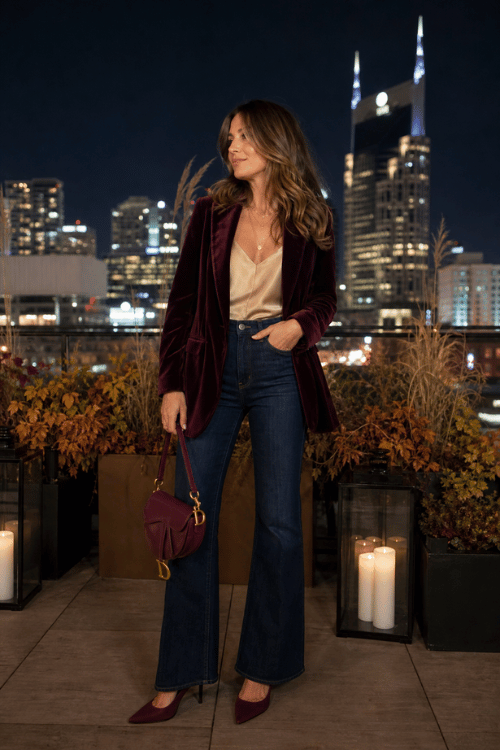 Woman wearing a burgundy velvet blazer with a champagne satin camisole, dark flare jeans, and burgundy pumps.