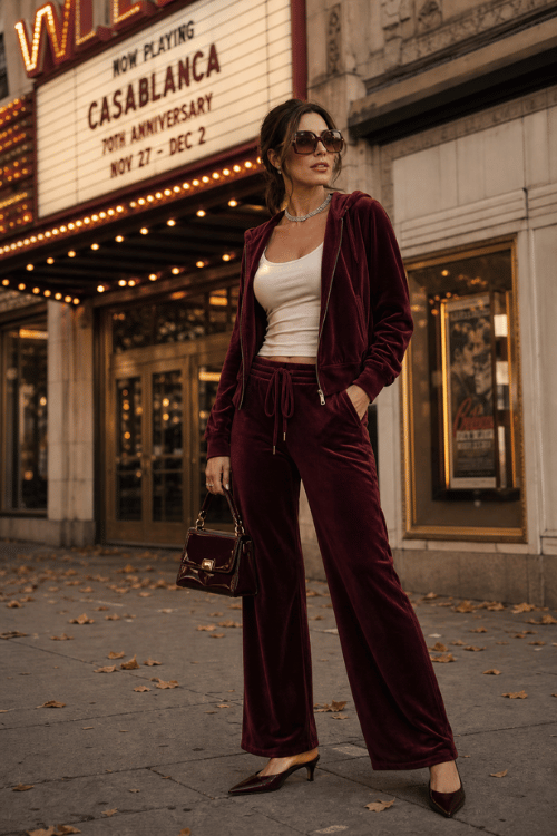 Woman wearing a burgundy velvet tracksuit over a white tank top with pointed-toe heels and a structured handbag.