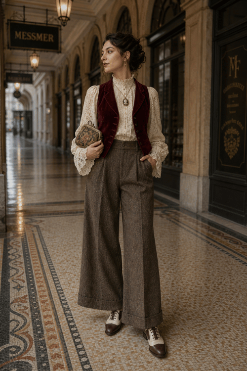 Woman wearing a burgundy velvet vest with wide-leg trousers and vintage lace blouse.