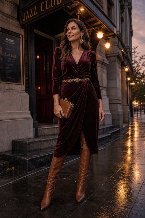 Woman wearing a burgundy velvet wrap dress with knee-high brown boots and a tan clutch.