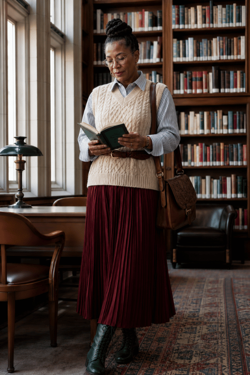 Woman wearing a cable knit sweater vest with a striped shirt and burgundy pleated skirt.