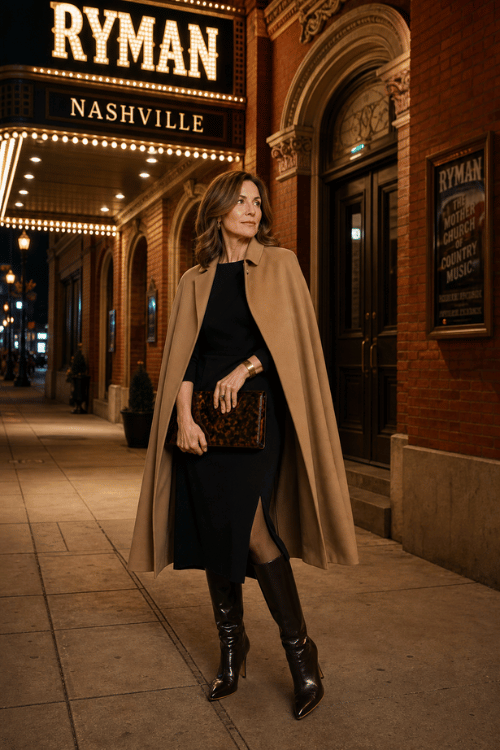 Woman wearing a camel cape coat over a black midi dress with knee-high leather boots.