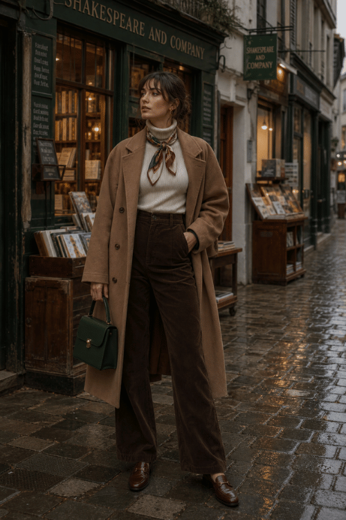 Woman wearing a camel coat with a cream turtleneck, brown trousers, and a silk neck scarf.