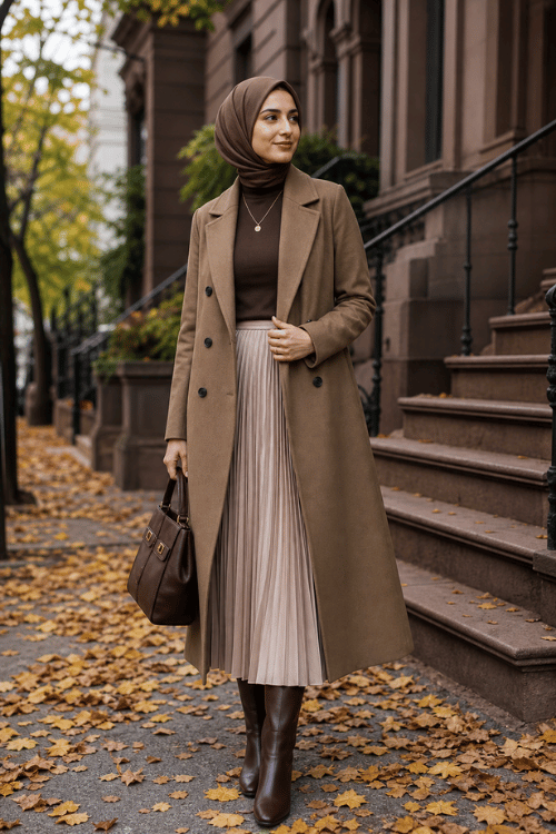 Woman wearing a camel long coat over a brown turtleneck with a beige pleated midi skirt, brown knee-high boots, and a matching hijab.