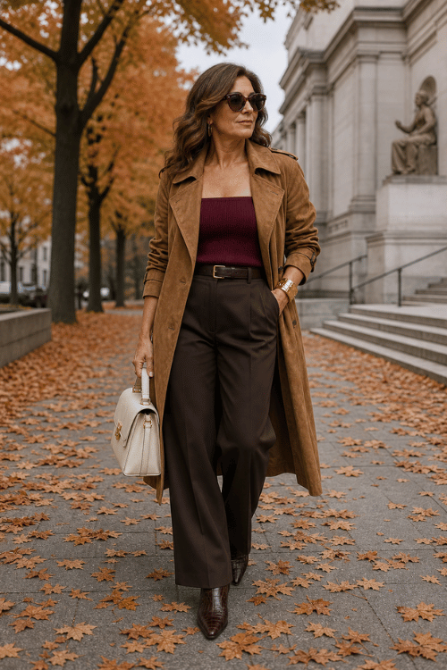 Woman wearing a camel suede trench coat over a burgundy top with chocolate brown tailored trousers, pointed-toe boots, and a cream handbag.