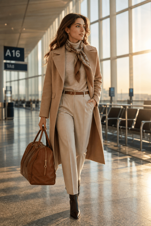 Woman wearing a camel wool coat over a beige sweater with ivory tailored trousers, a silk neck scarf, and dark brown ankle boots.