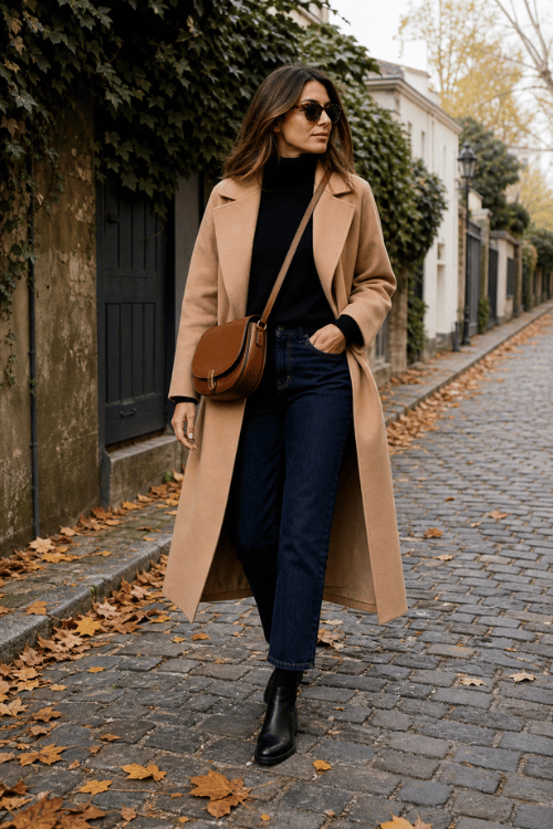 Woman wearing a camel wool coat over a black turtleneck with dark wide-leg jeans, black ankle boots, and a brown crossbody bag.