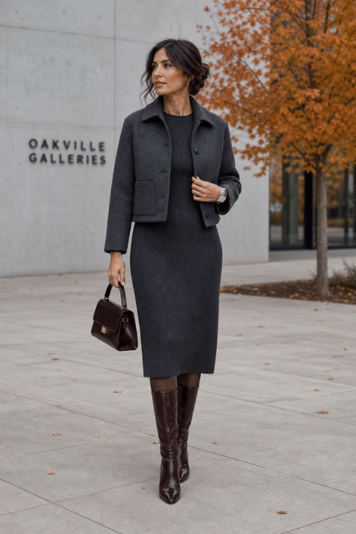 Woman wearing a charcoal cropped jacket over a gray knit midi dress with dark brown knee-high boots and a burgundy handbag.