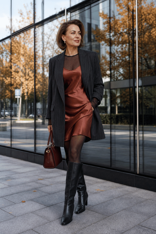 Woman wearing a charcoal pinstripe blazer over a copper satin mini dress with black knee-high boots and a brown leather handbag.
