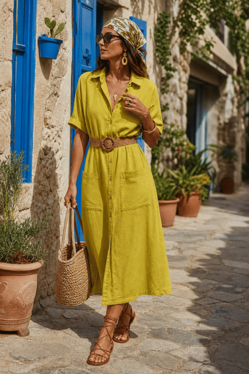 Woman wearing a chartreuse shirt dress with lace-up sandals and a woven belt.