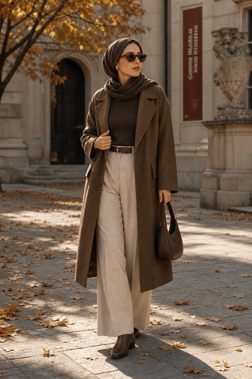 Woman wearing a chocolate brown coat over a brown top with ivory wide-leg trousers, a matching scarf, and dark brown ankle boots.