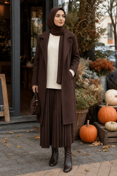 Woman wearing a chocolate brown coat over a cream sweater with a brown pleated midi skirt, brown ankle boots, and a matching hijab.