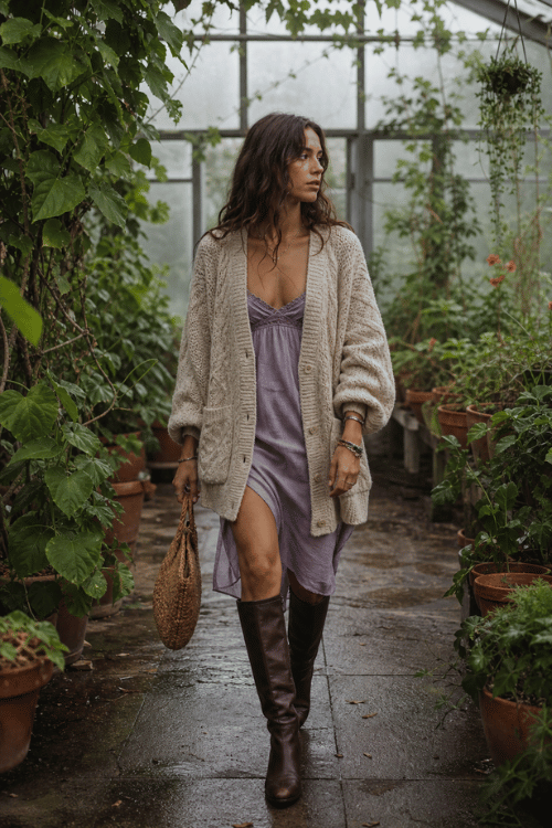 Woman wearing a chunky beige cardigan with a lavender slip dress and brown knee-high boots.
