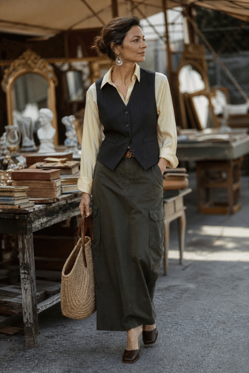 Woman wearing a cream blouse with a navy vest and an olive cargo skirt.