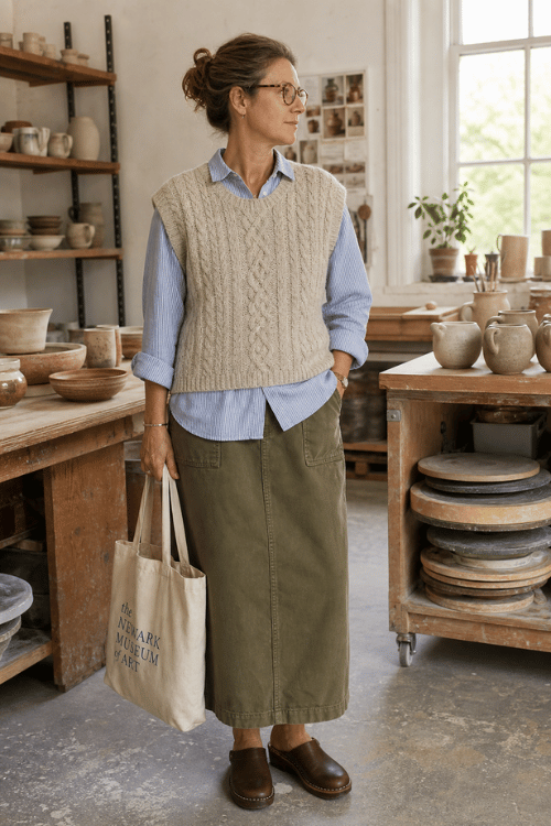 Woman wearing a cream cable knit sweater vest layered over a light blue button-up shirt with an olive midi skirt, brown clogs, glasses, and a canvas tote bag.