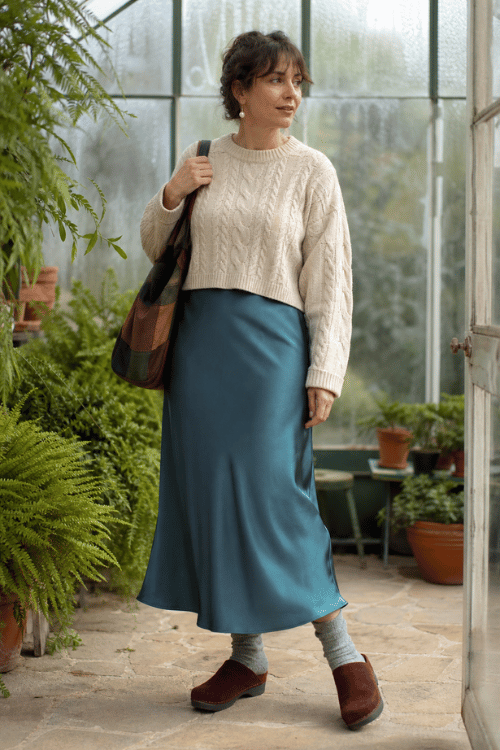 Woman wearing a cream cable knit sweater with a blue satin midi skirt and brown clogs.