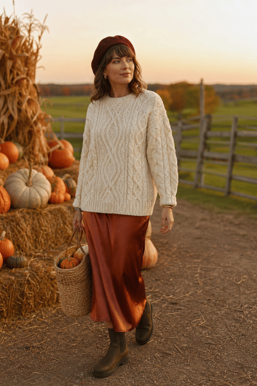 Woman wearing a cream cable knit sweater with a rust satin skirt and black Chelsea boots.
