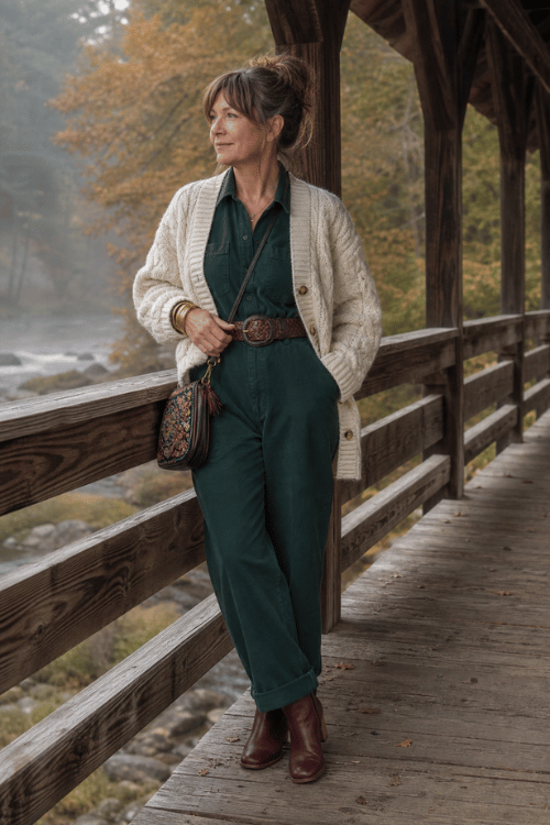 Woman wearing a cream cardigan with a dark green jumpsuit and brown ankle boots.