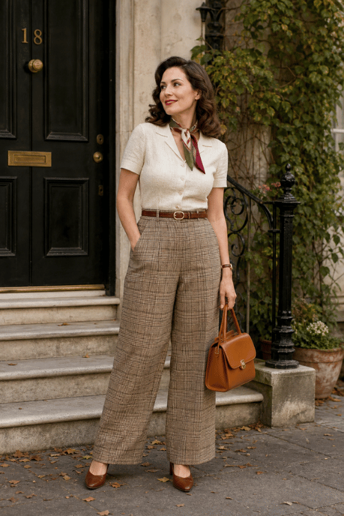 Woman wearing a cream knit polo with plaid wide-leg trousers and brown pumps.