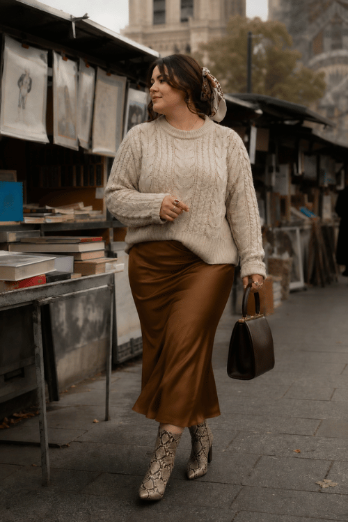 Woman wearing a cream knit sweater with a brown satin midi skirt and snakeskin ankle boots.