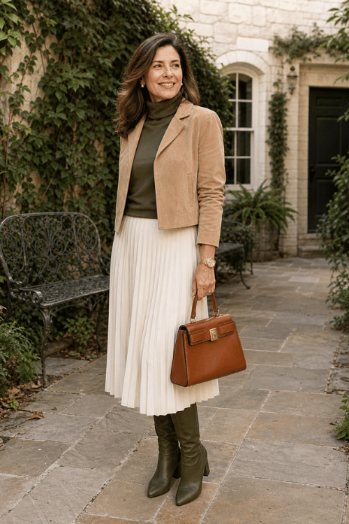 Woman wearing a cropped camel jacket, olive turtleneck, white pleated midi skirt, and knee-high boots in a courtyard.