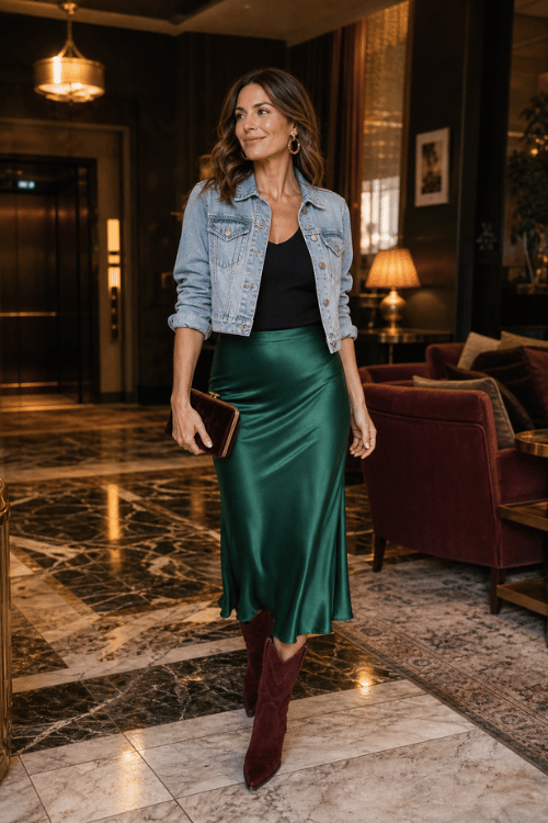 Woman wearing a cropped denim jacket, black tank top, emerald satin midi skirt, and burgundy cowboy boots in a luxury hotel.