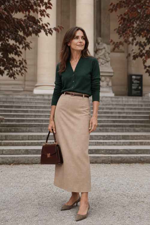 Woman wearing a dark green cardigan with a beige midi skirt, taupe pumps, and a structured brown handbag.