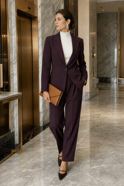 Woman wearing a deep plum pantsuit over a white turtleneck with brown pointed-toe heels and a tan clutch.